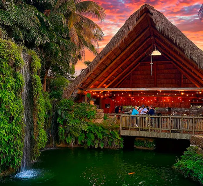 Wedding ceremony at Nova 535 with the couple exchanging vows surrounded by bridesmaids, groomsmen, and lush tropical greenery